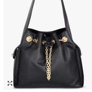 On 34th Chic Black Leather Shoulder Bag with Gold Chain